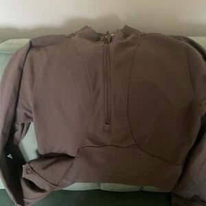 Brown Ribbed Pullover with Zipper